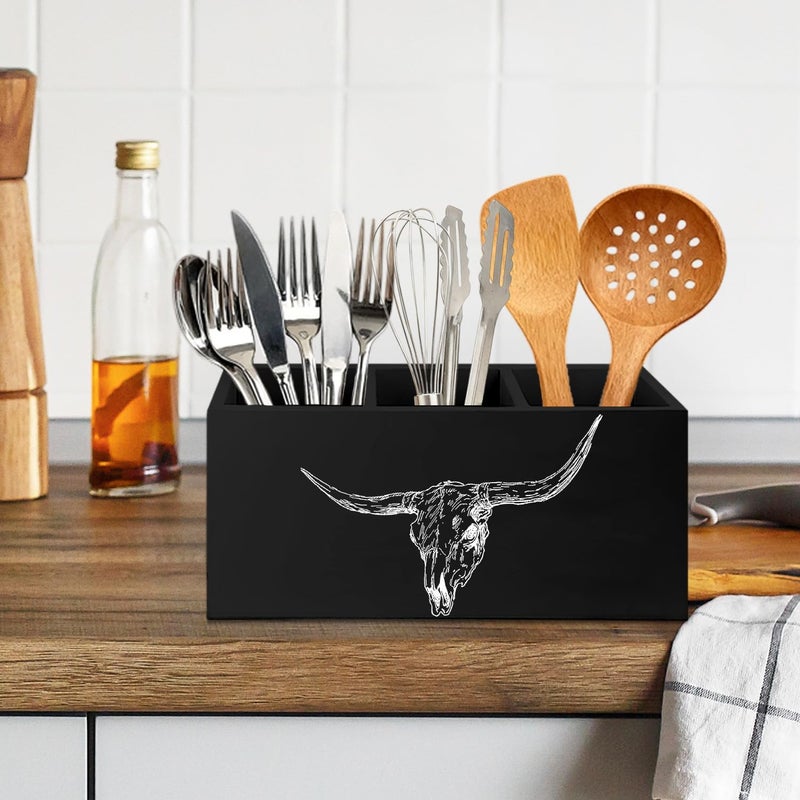 KBRCT Western Cow Skull Wooden Utensils Holder, Black Desert Cow Bull Horn Skull Wood Cooking Utensil Holder Organizer for Kitchen Countertop Counter Decor Accessories - Image 5